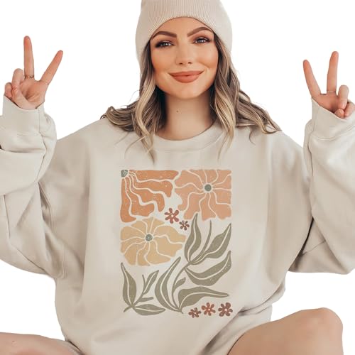 Aurlex Tees Boho Flower Sweatshirt, Wavy Wildflower Sweatshirt, Cute Floral Botanical Sweater, Unisex Graphic Crewneck Sweatshirt Sand