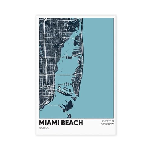 HEOVI Miami Beach Map, Florida, FL Canvas Poster Wall Art Bedroom Decor Office Room Kitchen Decor Gift Unframe-style 12x18inch(30x45cm)
