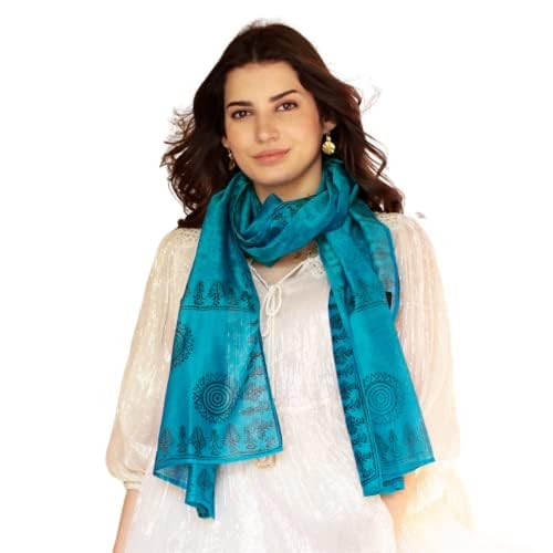 NOVICA Artisan Handmade Cotton Silk Shawl Blend Wrap Patterned Accessories Shawls Blue India Block Print ' Turquoise Bihar'