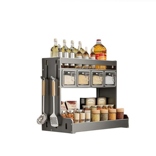 Zvmg 調味料棚 スパイスラック 調味料ラック キッチン 炭素鋼製 防水防錆 壁掛け 卓上両用 包丁立て収納ラック コンパクト収納 二層式大容量 密閉調味料ボックス付き 家庭用 (4グリッドスパイスラック,調味料棚)