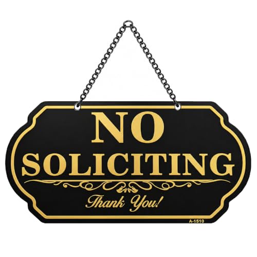 Image of No Soliciting Sign for Front Door, 10 x 5 Inch Aluminum Metal Hanging Door Sign with Chain, UV Printed Weatherproof No Soliciting Door Plaque for Home, Office, Porch, Wall or Fence