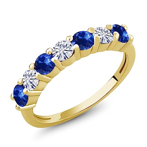 Gem Stone King 18K Yellow Gold Plated Silver Gemstone Birthstone and Blue Sapphire Wedding Band Engagement Anniversary Ring | Round 3.5MM | 7 Stone Promise Ring For Women