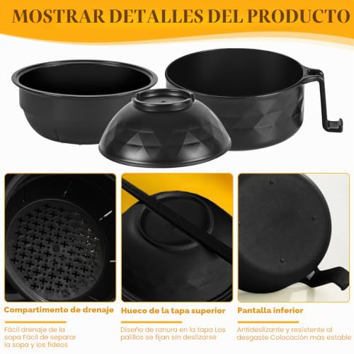 Miniatura 4 de Tzqfroce Microwave Ramen Bowl Ramen - Cuenco Para Microondas Ramen Con Palillos Instant Ramen Bowl Con Tapa Y Cuchara Portátil Para Microondas, Para Sopa, Pasta, Ensaladas Negro