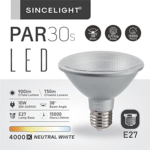 SINCELIGHT PAR30s LED Light Bulb with E27 Base, with 38° Optical Reflector, 10W, Vivid Color RA>92, Neutral White 4000K - Image 2