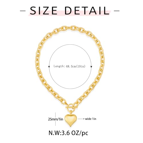 WOWORAMA Chunky Heart Necklace for Women Polished Gold Chunky Chain Necklace Big Puffy Heart Pendant Choker Necklace OT Toggle Clasp - Thumbnail 6