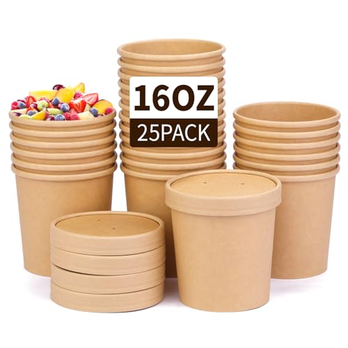 Image of Wuadua 25 Pack 16 oz Ice Cream Containers Paper Food Containers with Lids | Paper Dessert Cups with Lids Disposable Soup Cups Microwavable and Freezer Safe To Go Bowls with Lids for Hot, Soup Ice Cream