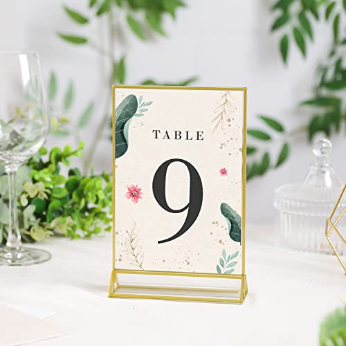 uniqooo acrylic sign holders with golden border portrait view pack of 12  4x6 inches double sided clear frame perfect for wedding reception centerpiece decoration partyanniversary event
