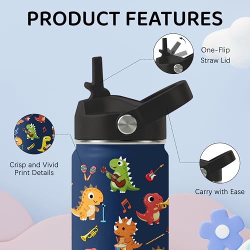 Image of Music Dinosaur Water Bottle for Son, Stainless Steel Insulated Tumbler with Straw Lid and Handle, 12oz Reusable Leak-Proof Bottle for Sports