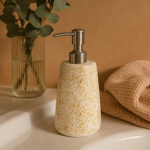 Image of Ceramic Soap Dispenser 330ml (Set of 1) | Bathroom Accessory with Pump for Liquid Soap, Hand Wash & Lotion | Modern Washbasin & Sink Organizer | Brown