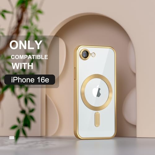 Image of Misea Magnetic for iPhone 17e / 16e Case Compatible with MagSafe Gold | [Never Yellowing] [Military Drop Protection] Full Camera Lens Protector Plating Soft Clear Phone Case for Women, Gold