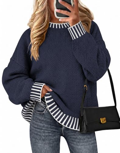 Image of Fall Clothes for Women 2026 Fashion Outfits Knitted Oversized Sweaters | Disamer Womens Sweater Trendy,Color Block Crew Neck Long Sleeve Knitted Pullover Jumper Tops,Striped,Winter Cute Sweaters