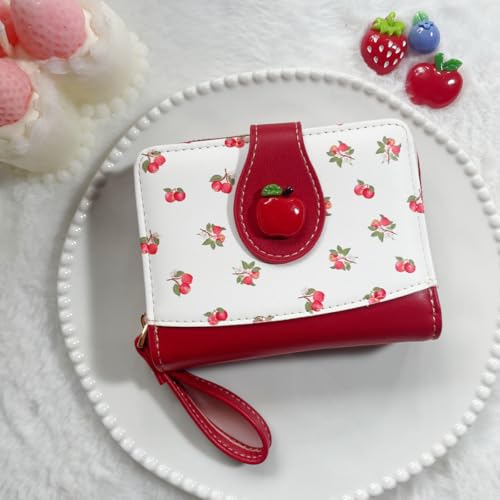 Image of Cute Print Wallet Blueberry Strawberry Cherry Wallet with Credit Card Holder Zipper Coin Purse for Women Girls (APPLE)