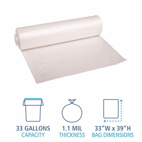 Image of Boardwalk Recycled Low-Density Polyethylene Can Liners, 33 Gallon Garbage Bags, 1.1 mil, 33 inch x 39 inch, Clear, 10 Bags /Roll, 10 Rolls /Carton