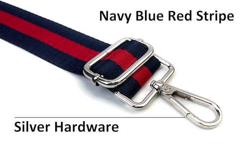 Image of Classic Navy Blue Red Stripe Purse Strap with Silver Hardware 1-1 /2 Inch Wide Replacement Crossbody Guitar Style Shoulder Strap for Handbags Totes