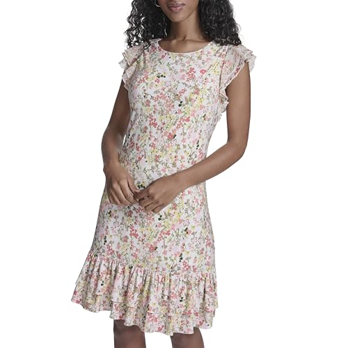 Image of Tommy Hilfiger Women's Sleeveless Crew Neck Double Ruffle Hem Jersey Shift Mini Dress