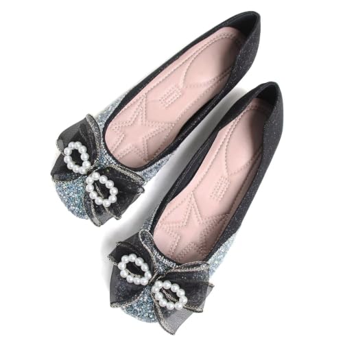 Image of SAILING LU Women's Rhinestone Square Toe Bowknots Ballet Flats Loafers
