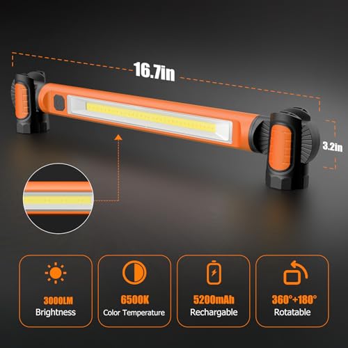 Mechanic Work Light, wokelux 3000LM LED Work Light, 5200mAh Rechargeable Magnetic Work Light, Underhood Cordless Work Lights with Hooks for Mechanics Inspection Workshop Emergency — view 5