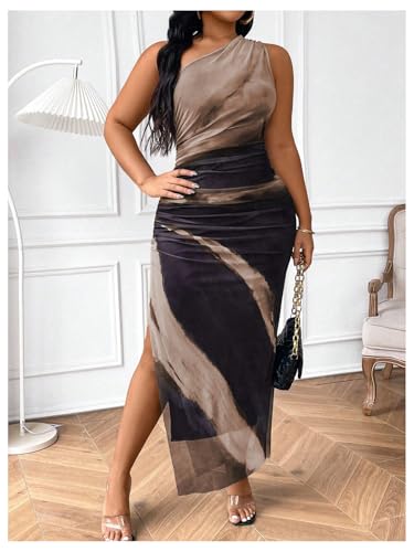 Image of Floerns Women's Plus Size Tie Dye Sleeveless Ruched One Shoulder Slit Evening Maxi Mesh Dresses