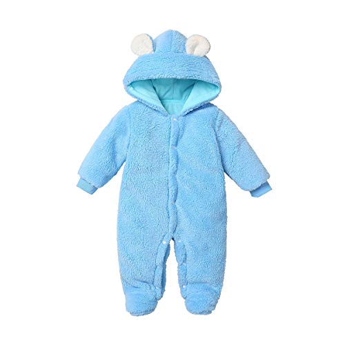 Yccutest Newborn Baby Outfits Long Sleeve Plush Hooded Romper Footies Jumpsuit Unisex Toddler Fall Winter Clothes (Blue,6-9 Months)