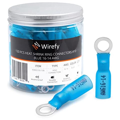Wirefy Heat Shrink Ring Terminals #10 - Marine Grade Terminal Connectors - Waterproof Eyelet Wire Connectors - Red 16-14 AWG - 130 PCS | Heat Shrink Wire Connectors and Ring Terminal Kit Cover