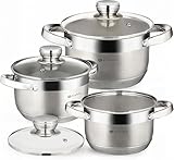 Daniks Standard 6-Piece Stainless Steel Cookware set with Glass Lid, Try-Ply Bases for Even Heating, Induction Compatible, Dishwasher Safe, Built-In Measuring Scale, Silver