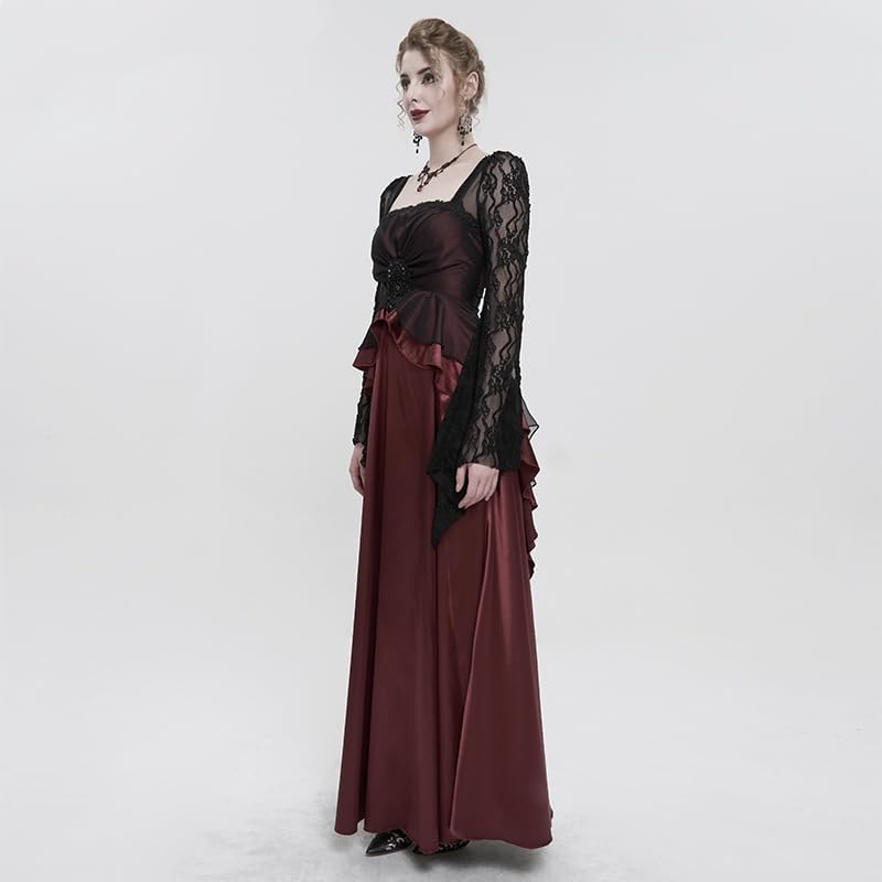 レディース レトロ ゴシック ヴァンパイア エレガント ロングドレス ハロウィン用 スクエアネック フロントレースアップリケ フレア