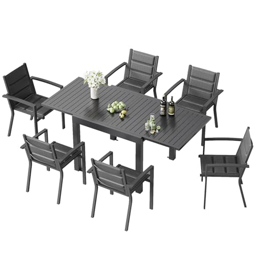 【Set da 7 pezzi】Mobili da giardino in alluminio di alta qualità per 6 persone. Contiene 1 tavolo da giardino allungabile e 6 sedie da giardino impilabili. Il tavolo può essere allungato fino a 160 cm di lunghezza, le sedie sono impilabili per risparmiare spazio sul balcone, sulla terrazza o in giardino.