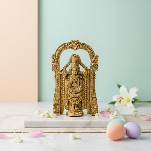 Image of eCraftIndia Golden Brass Tirupati Balaji Idol Lord Venkateswara Murti for Mandir Temple Lord Balaji Statue for Home Decor Car Dashboard