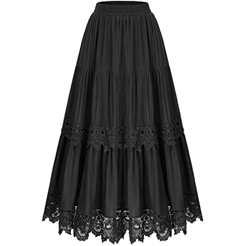 Damen Viktorianischer Rock Gestufter Spitzensaum Elastische Taille Renaissance Maxi Röcke Schwarz L Cover