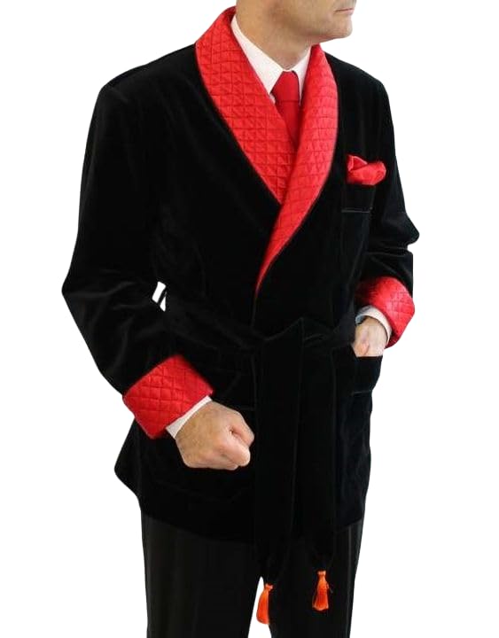 Men Smoking Jacket Black Velvet Red Quilted Dinner Robe Jacket