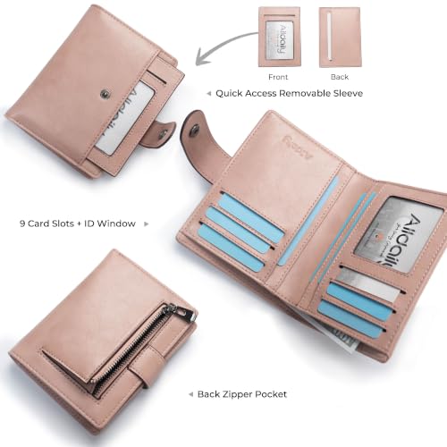 Image of Alldaily Small Slim RFID Blocking Leather Wallet for Women, Bifold with 10 Card Slots and Coin Pocket (Dark Pink)