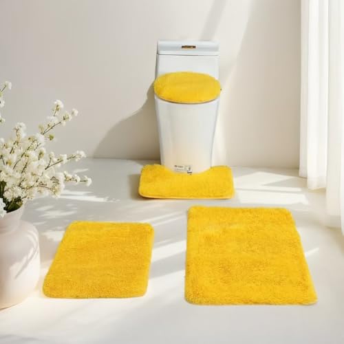 Bathroom Rug Set 4 Piece, Soft Absorbent Microfiber Bath Rug Set, Non-Slip, Machine Wash Dry, Plush Bath Mats for Bathroom Floor, Tub, Shower and Home Decor Accessories (Yellow)