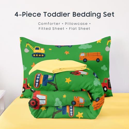 Image of Wake In Cloud - Toddler Bedding Set for Boys, Construction Car Excavator Truck, 4 Pieces Soft Crib Bed Set Including Comforter, Sheets and Pillowcase, Grass Green
