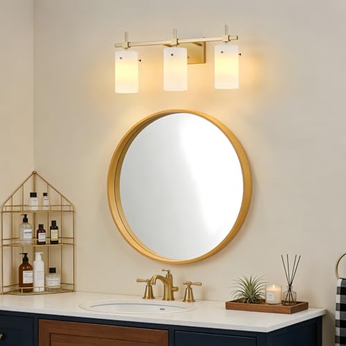 Image of SOLFART 3-Light Bathroom Vanity Light, Modern Brushed Gold Wall Lights with Milky White Clear Glass Shades, Bathroom Wall Sconce Lamp for Mirror Living Room Bedroom Hallway (Bulbs Not Included)