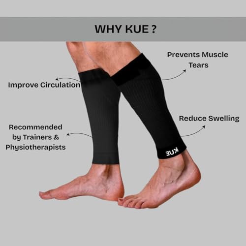 Image of KUE Compression Calf Sleeves for Running, Sports, & Medical Recovery | Graduated Support for Men & Women | Improves Blood Circulation, Reduces Swelling, Pain Relief |UV Protection (Black, 2 Pairs, M)
