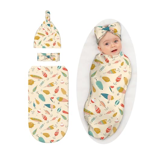 Fishing Baby Stuff Swaddle Blanket with Headband and Beanie Set, Soft Fisher Newborn Sleep Sacks...
