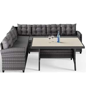 Casaria® Polyrattan Ecklounge Set WPC Esstisch Ecksofa inkl. 7 cm Sitzauflagen 15 cm Kissen Wetterfest Outdoor Lounge Garten Terrasse Balkon Möbel Grau
