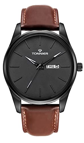 Tonnier Menâ€™s Watches with Leather Strap, Man Calender Watch Waterproof Wrist Watch, Light Coffee
