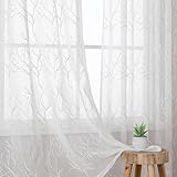 VISIONTEX White Sheer Curtains 84 inch Length 2 Panels Set Decorative Beige Coral Embroidery Rod Pocket Embroidered Semi Sheer Window Drapes for Living Room and Bedroom 54 x 84 Inches