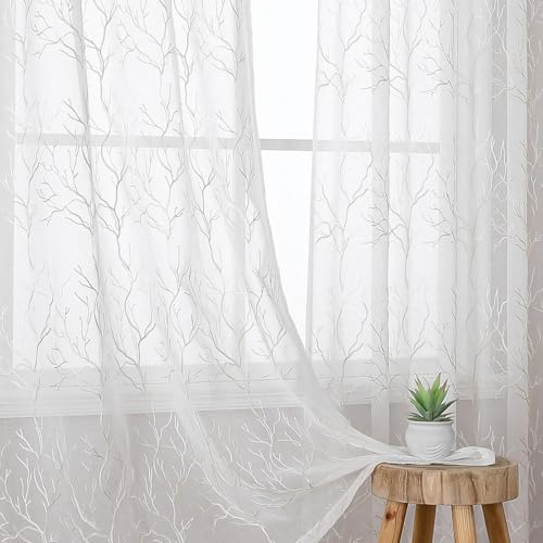 VISIONTEX White Sheer Curtains 84 inch Length 2 Panels Set Decorative Beige Coral Embroidery Rod Pocket Embroidered Semi Sheer Window Drapes for Living Room and Bedroom 54 x 84 Inches
