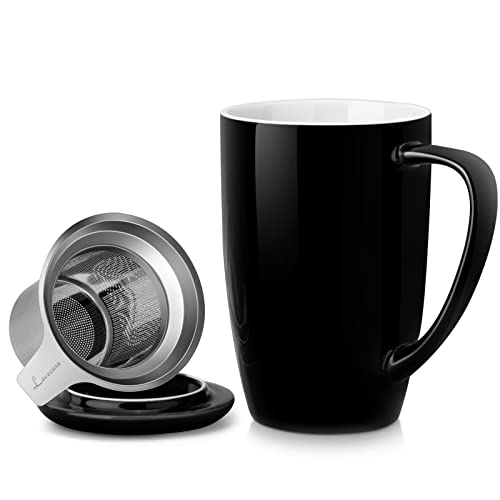 LOVECASA Porzellan Teetasse, 480 ml Becher mit Deckel und Teesieb, Schwarz Cover