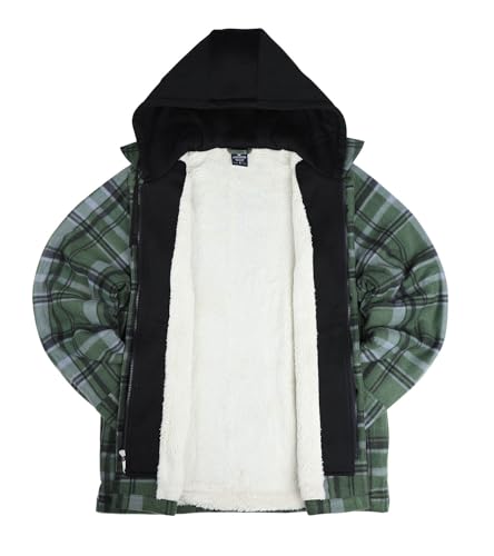 Image of LeeHanTon Mens Heavyweight Hoodies Casual Zip Up Plaid Flannel Shirt Jackets Winter Thick Berber Lined Fleece Coat