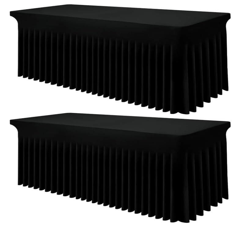 Image of Smiry 2 Pack Spandex Elastic Fitted Table Cloth Skirt for 5FT Table | Stretch Washable Table Cloth, Banquet Table Cover for Wedding, Party, Indoor & Trade Shows, (Black, 60Lx30Wx30H)