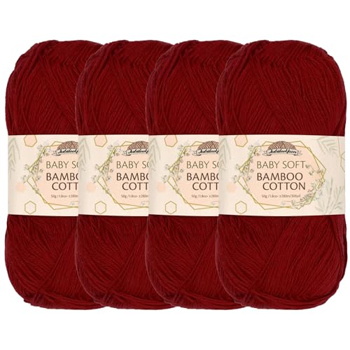 JubileeYarn Baby Soft Bamboo Cotton Yarn - 50g/Skein - Red Hot Red - 4 Skeins, 216 Red Hot Red