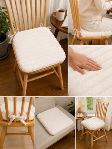 Image of Amazon Brand - Umi Ivory White Faux Fur Chair Seat Cushions, 16x16 Inch Solid Fluffy Dining Chair Pads with Ties, Foam-Filled Bright Kitchen & Vanity Chair Pads, Set of 2