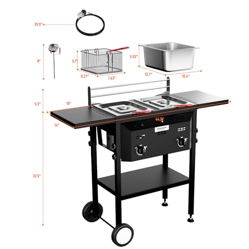 Image of ROVSUN Outdoor Deep Fryer with 8QT & 8QT Stainless Steel Tank & Basket, Portable Propane Gas Fryer with Rolling Cart, Storage Shelves, Lids & Thermometer for Outdoor Backyard Cooking Frying