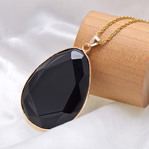 Paialco Faceted Cut Black Onyx Obsidian Crystal Big Flat Drop Pendant Necklace, Yellow Gold Tone2