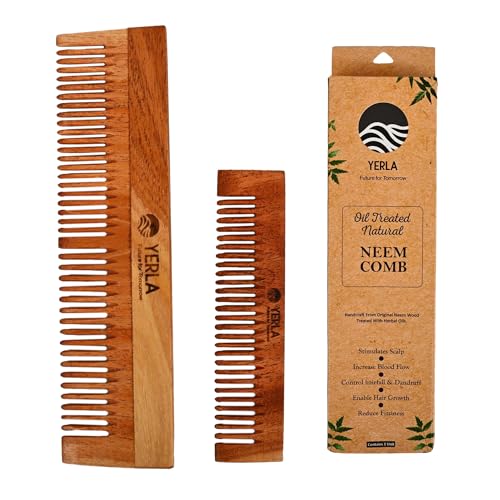 Image of YERLA Handmade Kacchi Neem Wooden Comb Set for Women & Men | Herbal Hair Growth Comb Infused with 17 Herbs & 4 Natural Oils | Anti-Dandruff, Frizz Control & Shine | Multi-Size Wooden Comb Combo (Pack of 2)