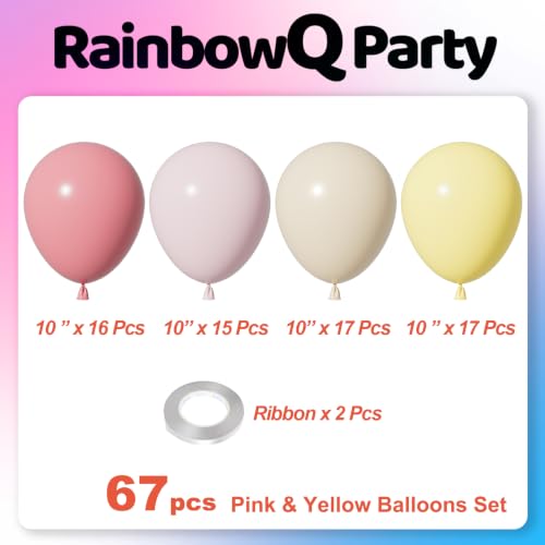 Image of RainbowQ Pink and Yellow Balloons: 67PCS 12 inch Sand White Latex Helium Pastel Balloons Set for Wedding Bridal Shower Birthday Party Decorations