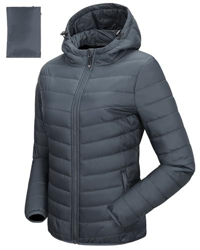 33,000ft Damen Leichte Steppjacke Packbare Übergangsjacke mit Taschen für Frauen Gefüttert Warme Pufferjacke mit Kapuze für Outdoor Freizeit Wandern